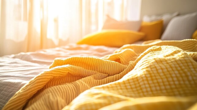 mattress. Cozy bedroom featuring warm bedding and soft focus on fabric textures in morning light. lifestyle magazines.