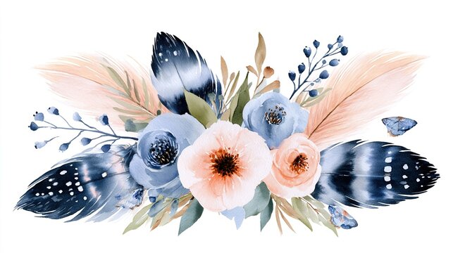 feather. A delicate watercolor floral bouquet with pink and blue flowers on a cream background. gardening catalogs, home-decor guides, designed for gardening and botanical catalogs.