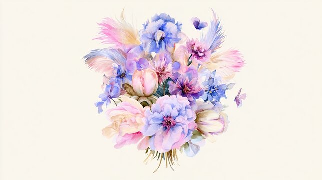 feather. A delicate watercolor floral bouquet with pink and blue flowers on a cream background. gardening catalogs, home-decor guides, designed for gardening and botanical catalogs.