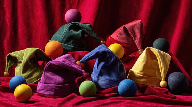 jester. Colorful jester hats and juggling balls scattered on red velvet cloth. lifestyle magazines, social media lookbooks, designed for lifestyle magazines and social media content.