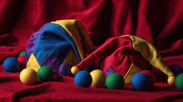 jester. Colorful jester hats and juggling balls scattered on red velvet cloth. lifestyle magazines, social media lookbooks, designed for lifestyle magazines and social media content.