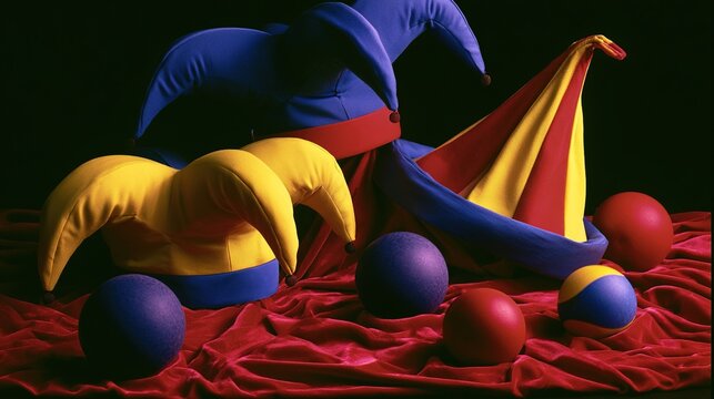 jester. Colorful jester hats and juggling balls scattered on red velvet cloth. lifestyle magazines, social media lookbooks, designed for lifestyle magazines and social media content.