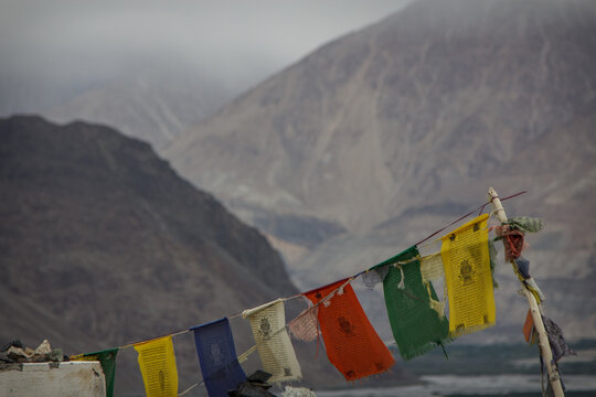 Traditional Buddhist prayer flags in Nubra Valley Himalayas