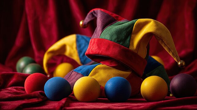 jester. Colorful jester hats and juggling balls scattered on red velvet cloth. lifestyle magazines, social media lookbooks, designed for lifestyle magazines and social media content.
