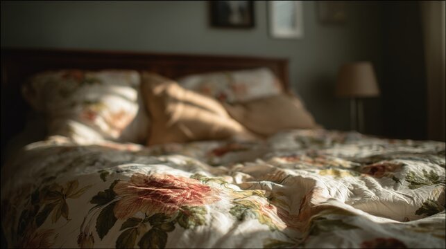 mattress. Cozy bedroom featuring warm bedding and soft focus on fabric textures in morning light. lifestyle magazines.