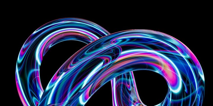 Abstract 3D Interlocking Iridescent Glass Loops with Neon Light Refractions