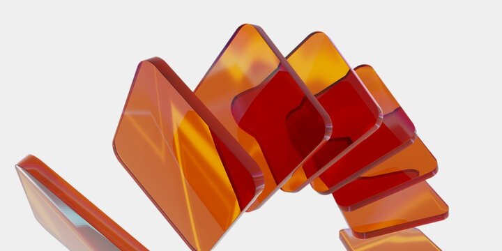 3D Render of Abstract Arranged Translucent Orange Glass Rectangular Slabs on Light Background