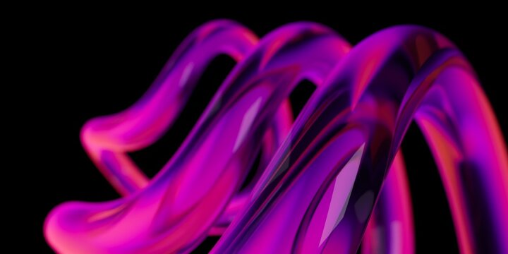 3D Illustration of Abstract Glowing Iridescent Pipe-Like Geometry in Vibrant Purple against Solid Black Backdrop