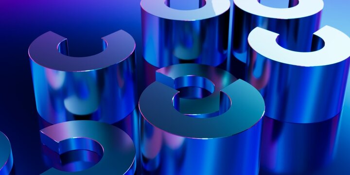 3D Render of Abstract Blue Geometric Cylinders and C-Shaped Structures on Reflective Surface