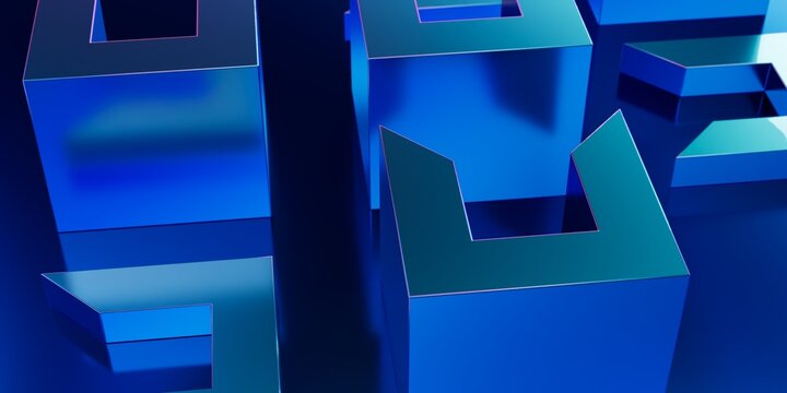 Minimalist 3D Blue Polyhedron Blocks and U-Shape Cutouts