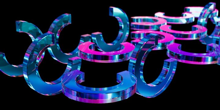 3D Illustration of Glowing Iridescent Crescent-Like Geometry Scattered against Solid Black Backdrop