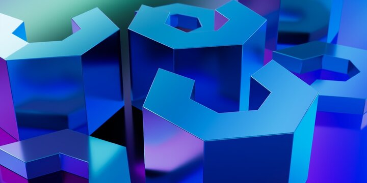 3D Render of Abstract Blue Geometric Hexagonal Blocks and Notched Structures on Reflective Surface