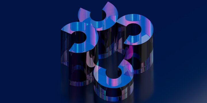 3D Render of Abstract Iridescent C-Shaped Geometric Structures Arranged in a Cluster on Dark Blue Reflective Surface