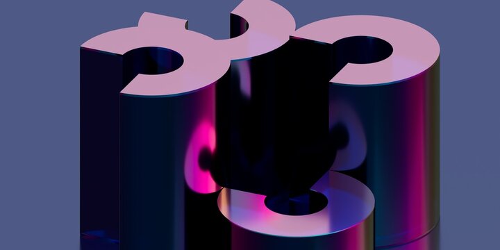 3D Render of Abstract Iridescent C-Shaped Geometric Structures Arranged in a Cluster on Dark Purple Reflective Surface
