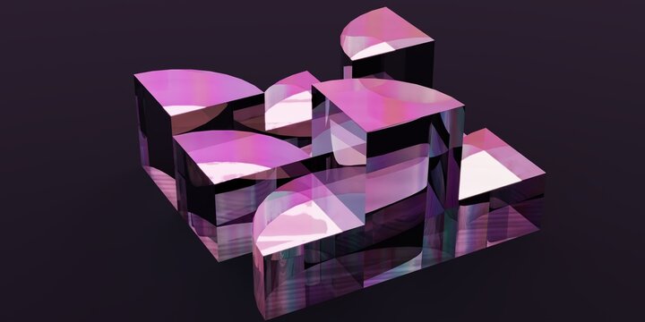 3D Render of Abstract Iridescent Interlocking Geometric Pie-Slice Segments on Dark Purple Surface
