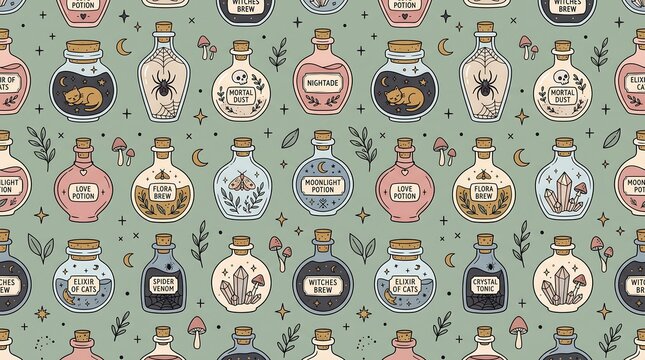 Seamless pattern of magic potion bottles, mystical apothecary jars on sage green background.