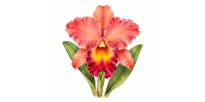 Pink and Red Cattleya Orchid with Yellow Center Watercolor Illustration