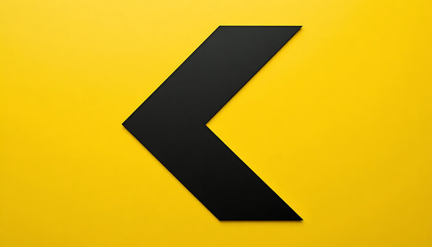 Large black left pointing chevron arrow with bold geometric design displayed on a bright yellow background creating strong contrast with sharp clean edges