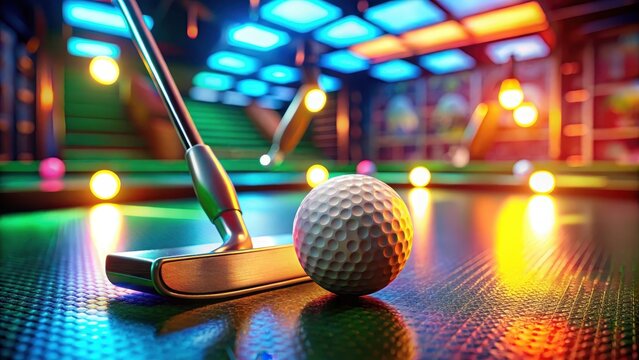 Mini golf putter poised near ball arcade background