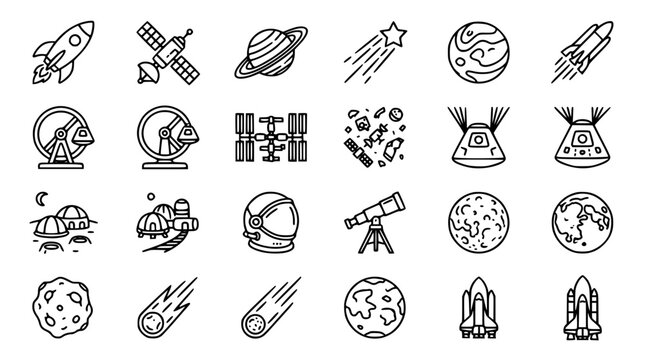 Space exploration line art icon set featuring thin outline rocket ships planets astronomy gear satellites and astronaut equipment elements vector illustration