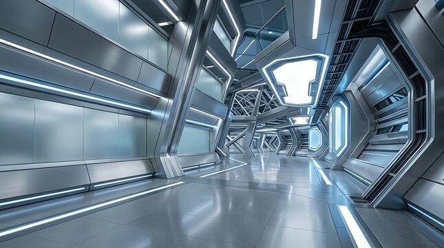 Futuristic spaceship corridor with metallic structure and lights