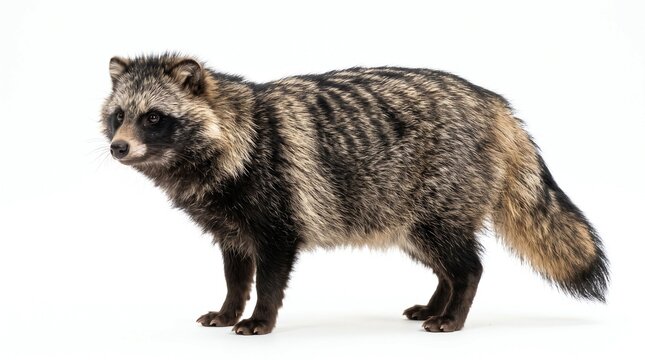Wild Japanese raccoon dog tanuki standing in side view full body portrait isolated on white background generative AI
