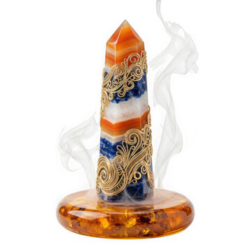 Decorative crystal obelisk with gold filigree and smoke isolated on transparent background