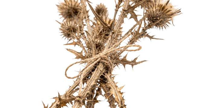 Dried thistle stems tied together with twine on a white background