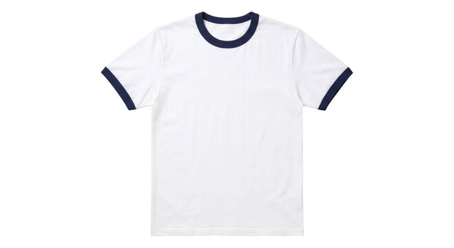 Classic white ringer t-shirt with navy blue trim on collar and sleeves