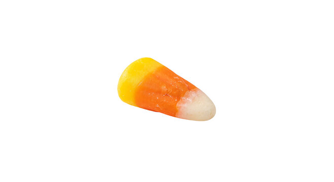 A single piece of candy corn with its iconic yellow, orange, and white stripes