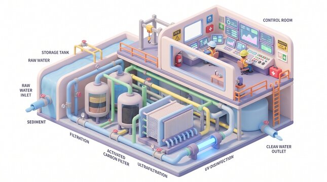 3D isometric illustration of a water treatment plant process, showing filtration, UV disinfection, and a control room with miniature staff, conceptual educational infographic for clean water.