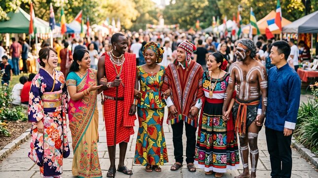 A diverse group of multicultural people wearing vibrant traditional ethnic clothing standing together outdoors, smiling and holding hands