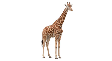 Majestic giraffe with distinctive patterned coat stands tall against a clean white background © Sapphire