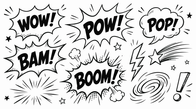 Black and white comic book sound effects collection featuring wow pow bam boom pop explosion speech bubbles and action elements