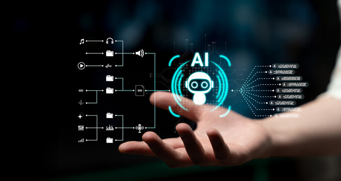 Futuristic User Interface Showing Artificial Intelligence Concept with Hand Gesture and Digital Icons for Stock Photo Website Use. Sentient.