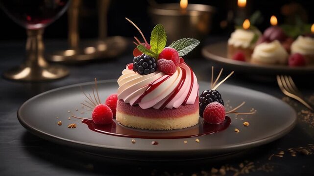 Elegant dessert cake with berries and cream on a dark plate slow motion
