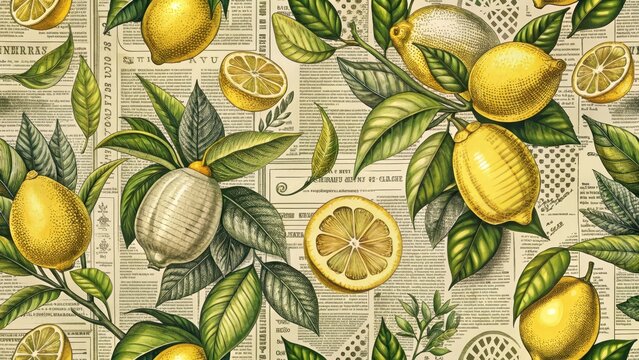 Seamless pattern with vintage lemons botanical engraving retro newspaper texture and halftone leaves for nostalgic summer aesthetic