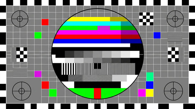A classic television calibration test pattern with colorful bars and grid lines