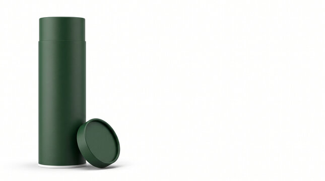 3D minimalist matte dark green cardboard paper tube packaging mockup with opened round lid stock photo&mdash;featuring a tall luxury cylindrical gift tube box container for wine, cosmetics, tea, or poster p