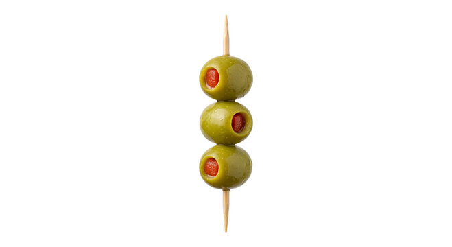 Three green olives stuffed with pimento on a wooden toothpick