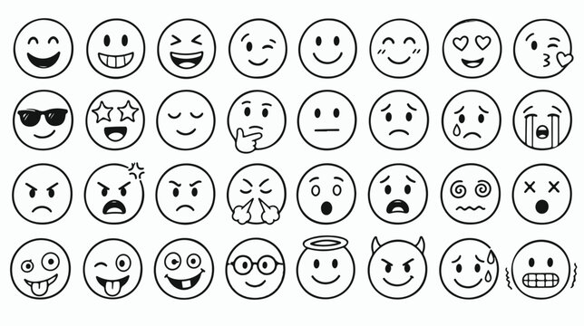 Large Collection of Hand Drawn Doodle Emoji Faces Showing Various Emotions and Expressions on White Background