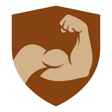 Muscular arm flexing on brown shield logo symbol