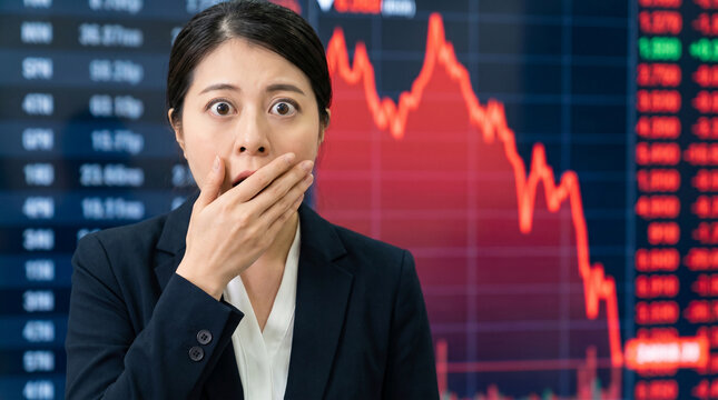 Photo: an employee with a surprised expression, with a background of red stock and financial charts showing a downward trend, bearish, 