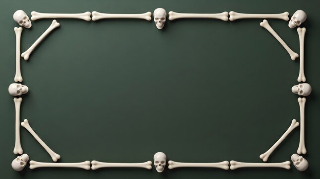 A rectangular frame made of human bones and skulls on a dark green background for halloween design