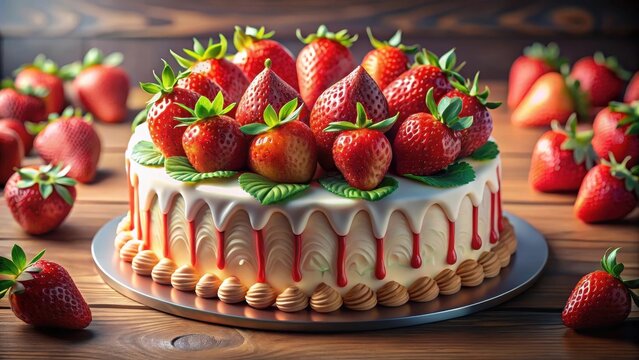 Strawberry cake for birthday party event banner flyer or advertising