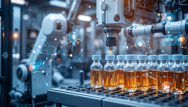 High tech laboratory scene with robotic arms and automated machinery filling glass vials of amber liquid on a conveyor system with digital overlays visible