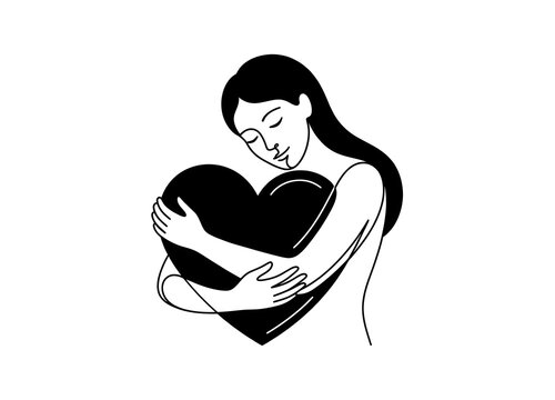 Continuous line art silhouette of person hugging a heart for self compassion