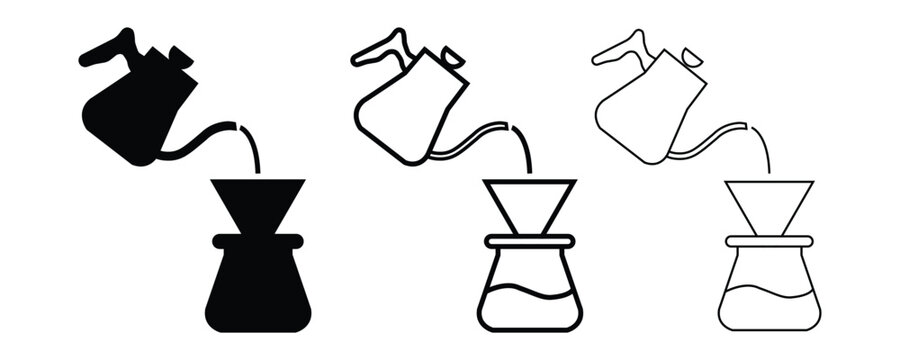 Pour Over Coffee Maker Vector Icon Set featuring Gooseneck Kettle Drip Coffee Chemex Barista Brewing and Cafe Concept in Solid and Line Style.