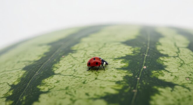 A tiny red ladybug with black spots explores the textured green surface of a watermelon in a close-up macro photograph.