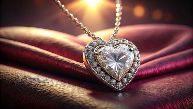 Sparkling diamond heart necklace displayed on velvet cushion with elegant gradient background